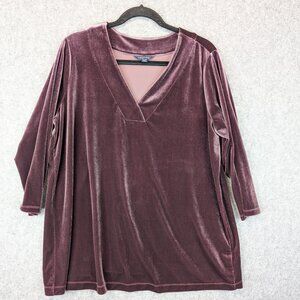 Lands End Burgundy Velvet V-Neck Tunic Dress Womens Size 1X 16W-18W Stretch